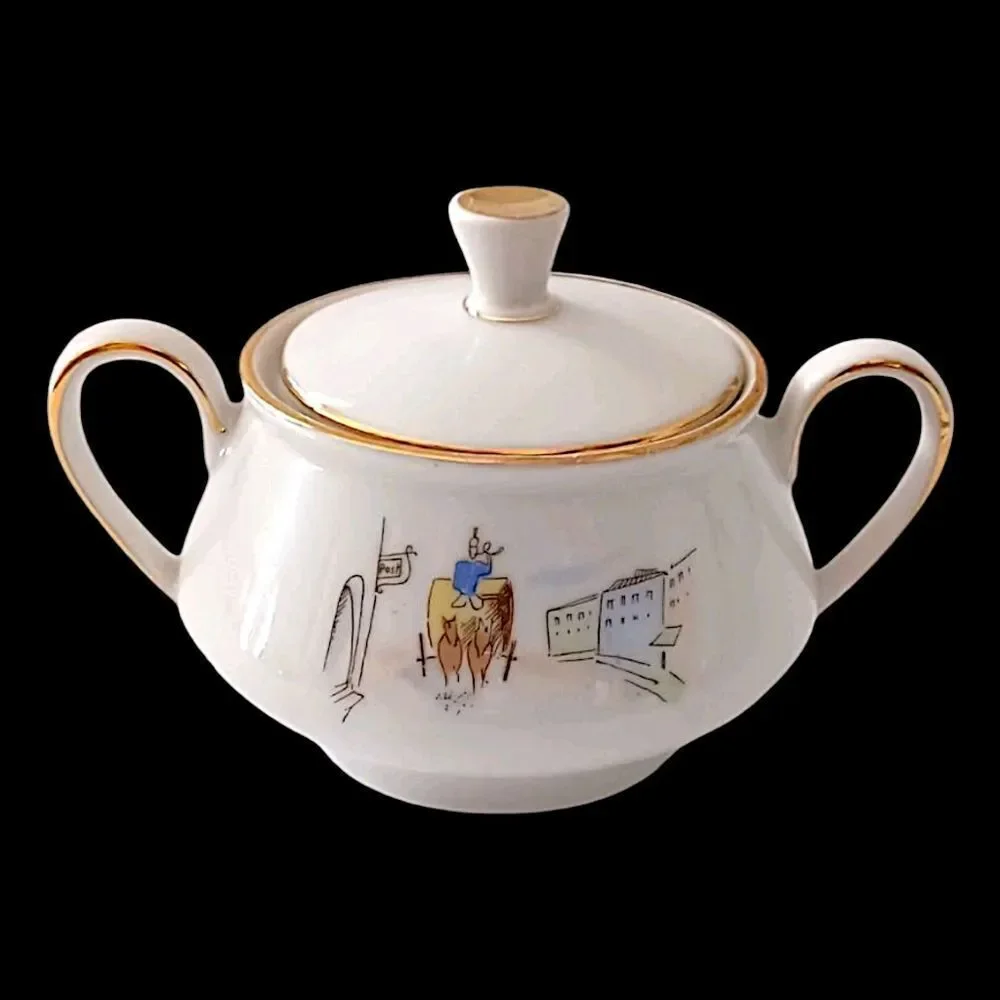 Bareuther Germany Porcelain Sugar Bowl Horse Carriage Street Scene‎ 8010 Vintage
